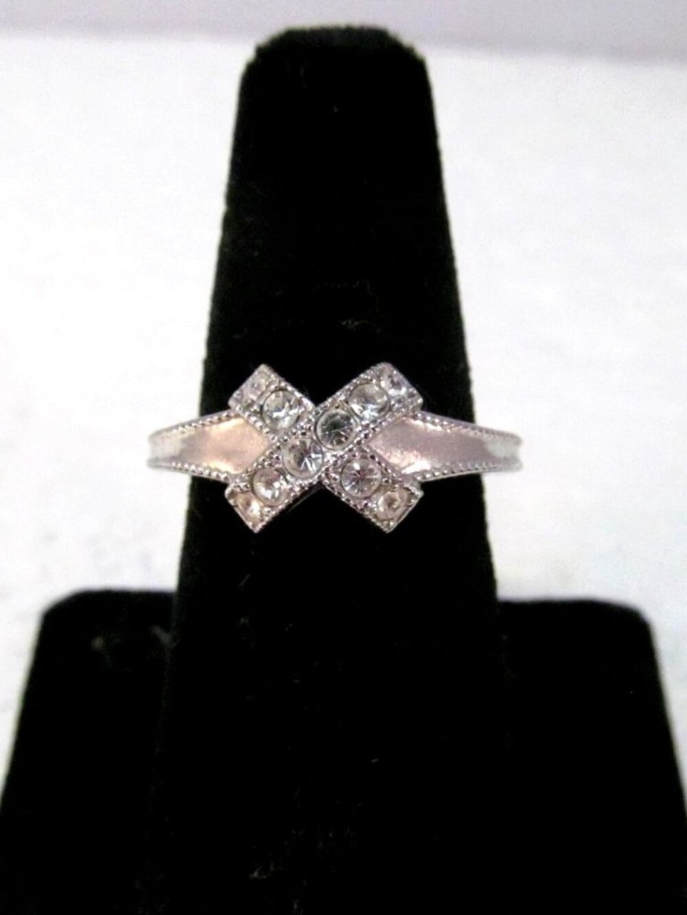 Vintage Silver Tone Rhinestone X Design Ring Adjustable Size 7 to 8.5 Signed NV